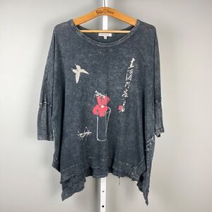 Jess‎ & Jane Oversized Shirt Top Womens Size 1X Gray Floral Bug Butterfly Asian